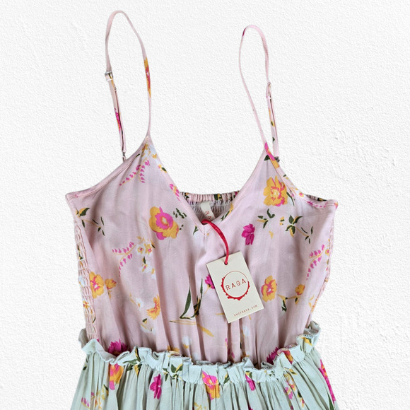 Raga Pink Mint Floral Tiered Maxi Dress Boho Festival Smocked Back Size XS NWT - Picture 5 of 14